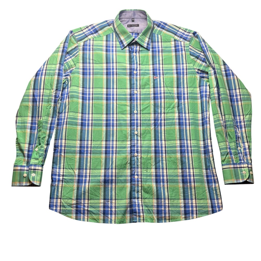 Paul Smith Shirt Mens XL Green Blue Plaid Cotton Long Sleeve Button Front Pocket